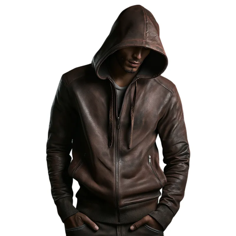 Men's Vintage Casual Distressed Hooded Leather Jacket MTA2536H8TO sold by Manly