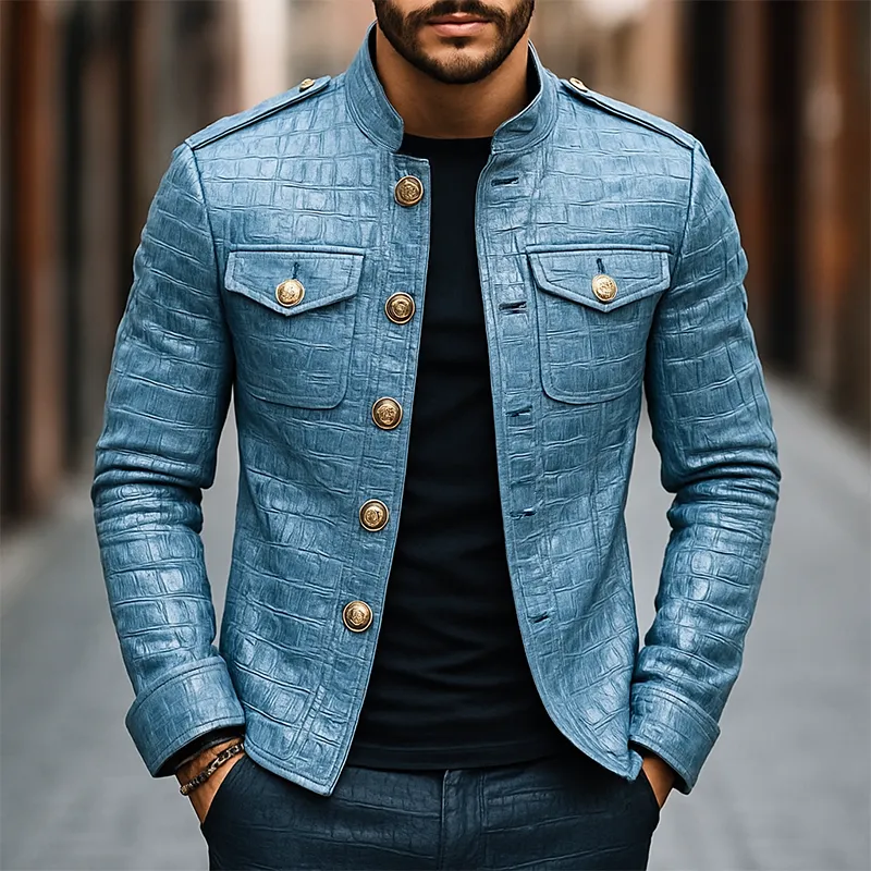 Men's Retro Casual Crocodile Pattern PU Stand Collar Leather Jacket MTA2605H2TO sold by Manly product image thumbnail 2