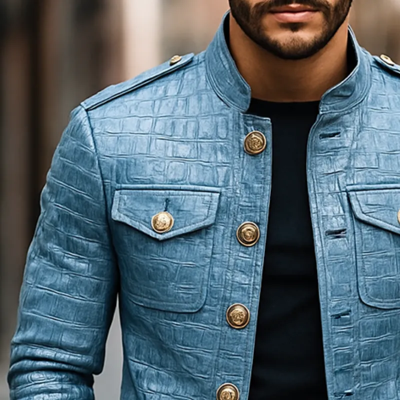 Men's Retro Casual Crocodile Pattern PU Stand Collar Leather Jacket MTA2605H2TO sold by Manly product image thumbnail 3