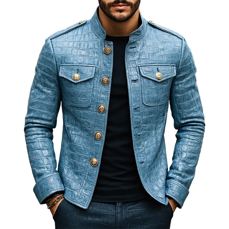 Men's Retro Casual Crocodile Pattern PU Stand Collar Leather Jacket MTA2605H2TO sold by Manly