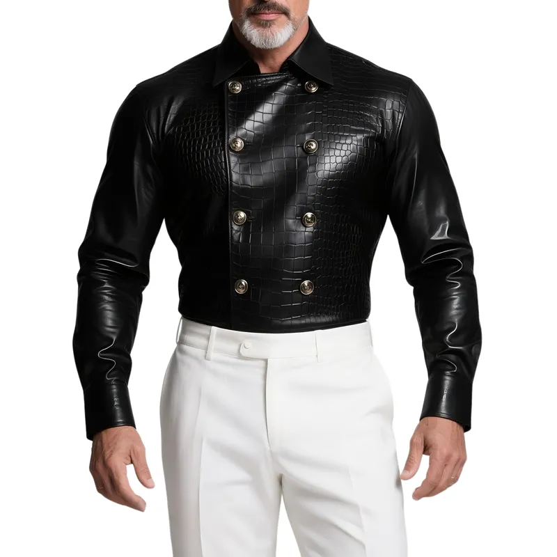 Men's Retro Casual Crocodile Pattern PU Lapel Leather Long Sleeve Shirt MTA1129H3TO sold by Manly