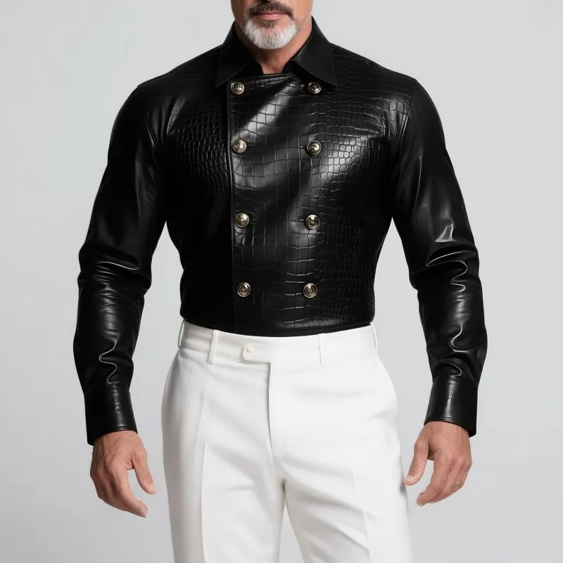 Men's Retro Casual Crocodile Pattern PU Lapel Leather Long Sleeve Shirt MTA1129H3TO sold by Manly product image thumbnail 2