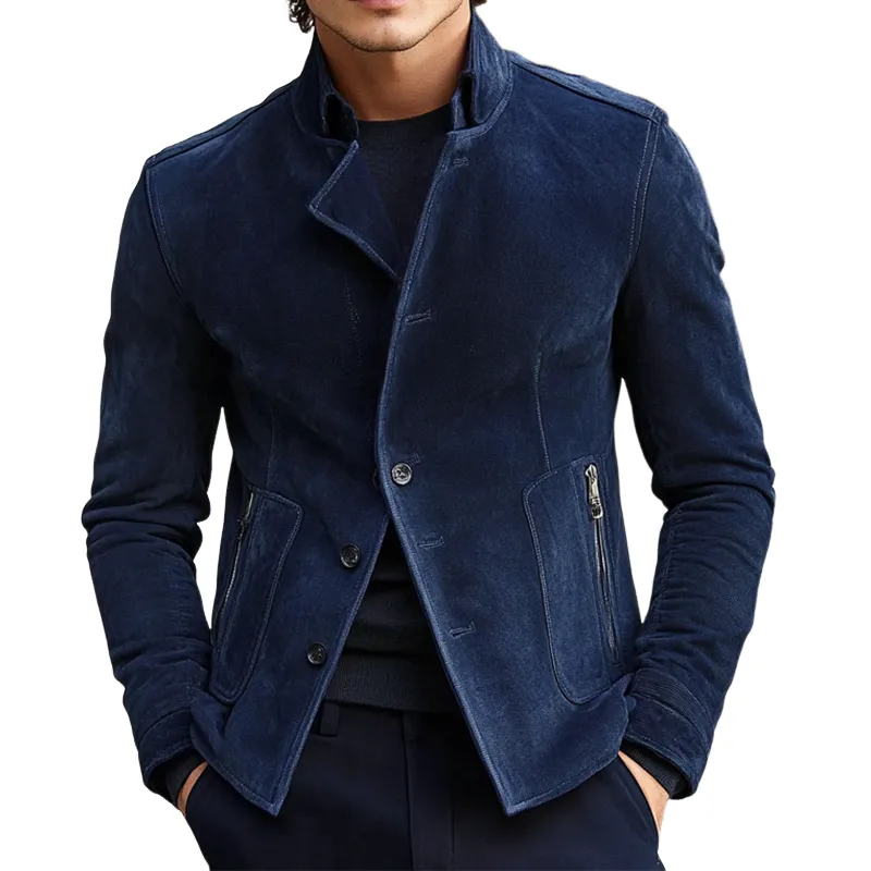 Men's Solid Faux Suede Lapel Zip-Up Jacket MTA2658H4X sold by Manly