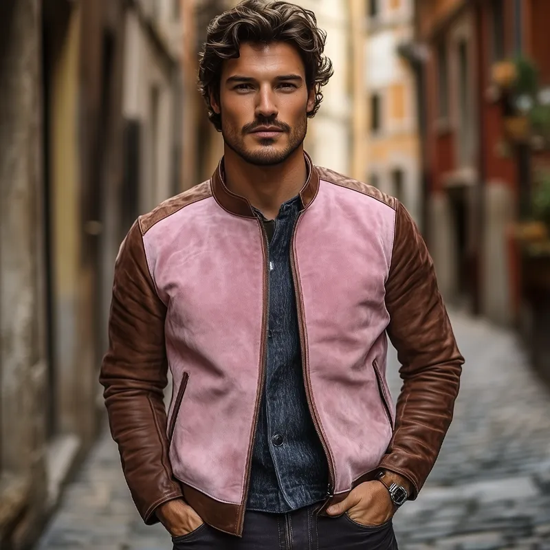 Men's Contrast Color Stand Collar PU Leather Zipper Jacket MTA2665H1X sold by Manly product image thumbnail 4