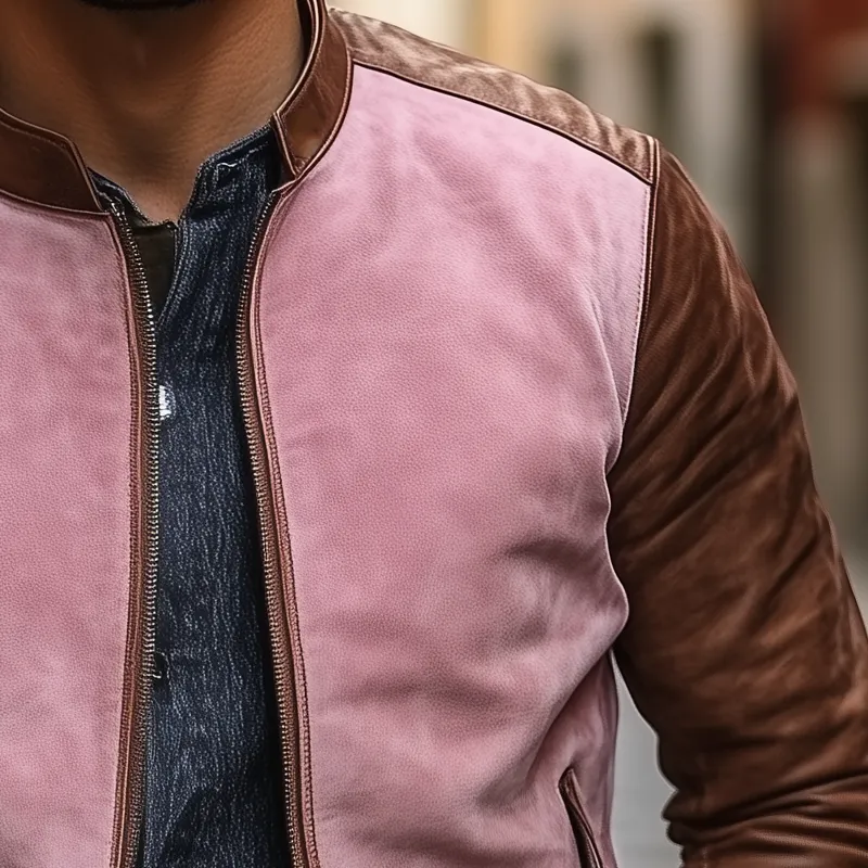 Men's Contrast Color Stand Collar PU Leather Zipper Jacket MTA2665H1X sold by Manly product image thumbnail 3