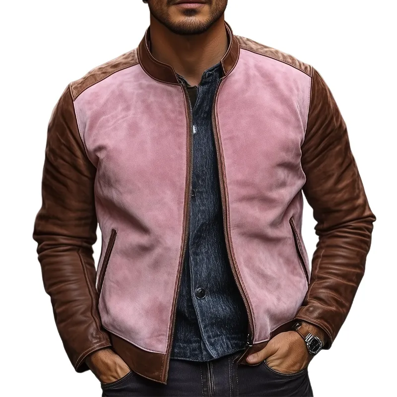 Men's Contrast Color Stand Collar PU Leather Zipper Jacket MTA2665H1X sold by Manly