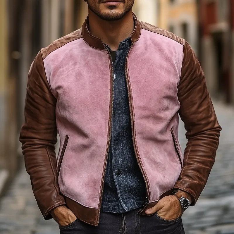 Men's Contrast Color Stand Collar PU Leather Zipper Jacket MTA2665H1X sold by Manly product image thumbnail 2