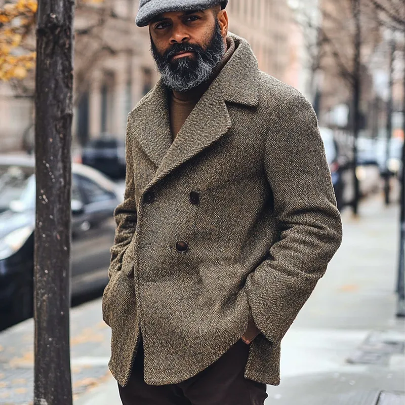 Men's Retro Lapel Herringbone Mid-Length Coat MTA2680H3X sold by Manly product image thumbnail 5