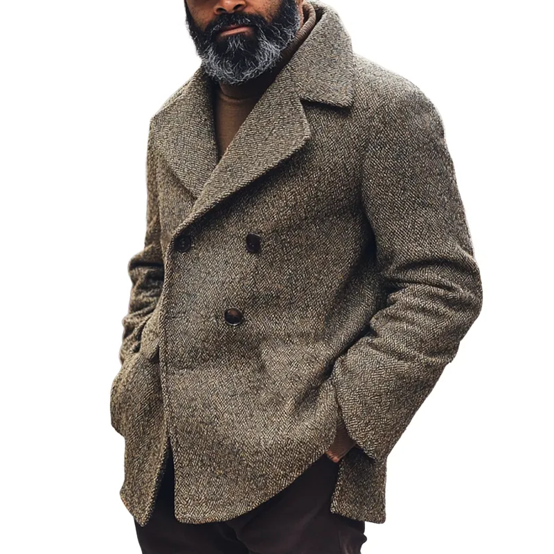 Men's Retro Lapel Herringbone Mid-Length Coat MTA2680H3X sold by Manly