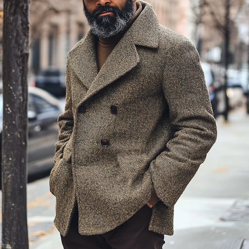 Men's Retro Lapel Herringbone Mid-Length Coat MTA2680H3X sold by Manly product image thumbnail 4