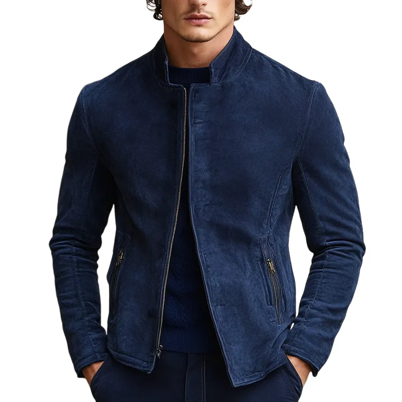 Men's Solid Faux Suede Stand Collar Zip-Up Jacket MTA2643H7X sold by Manly