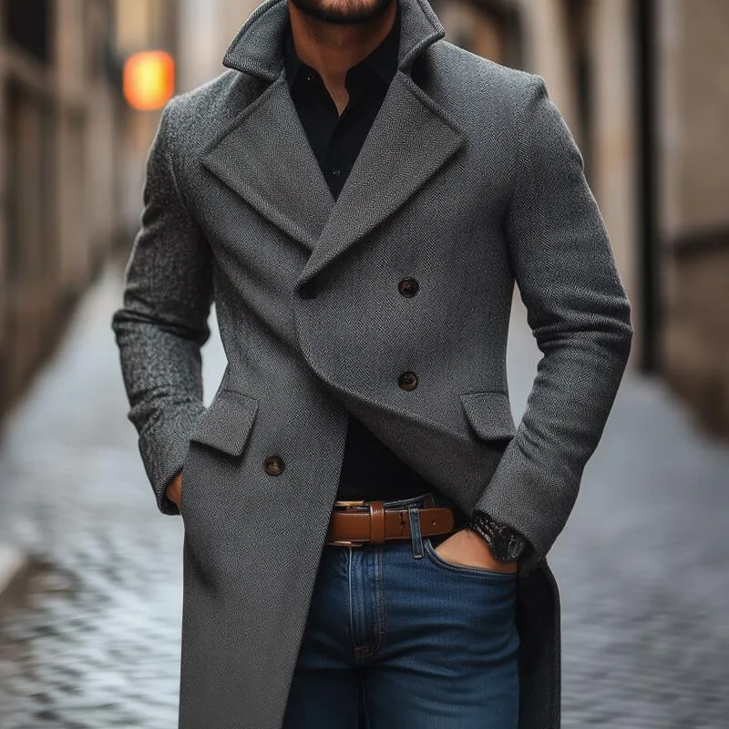 Men's Vintage Wool Blend Herringbone Pattern Notch Lapel Double-breasted Slim Fit Mid-length Coat MTA2563H2M sold by Manly product image thumbnail 3