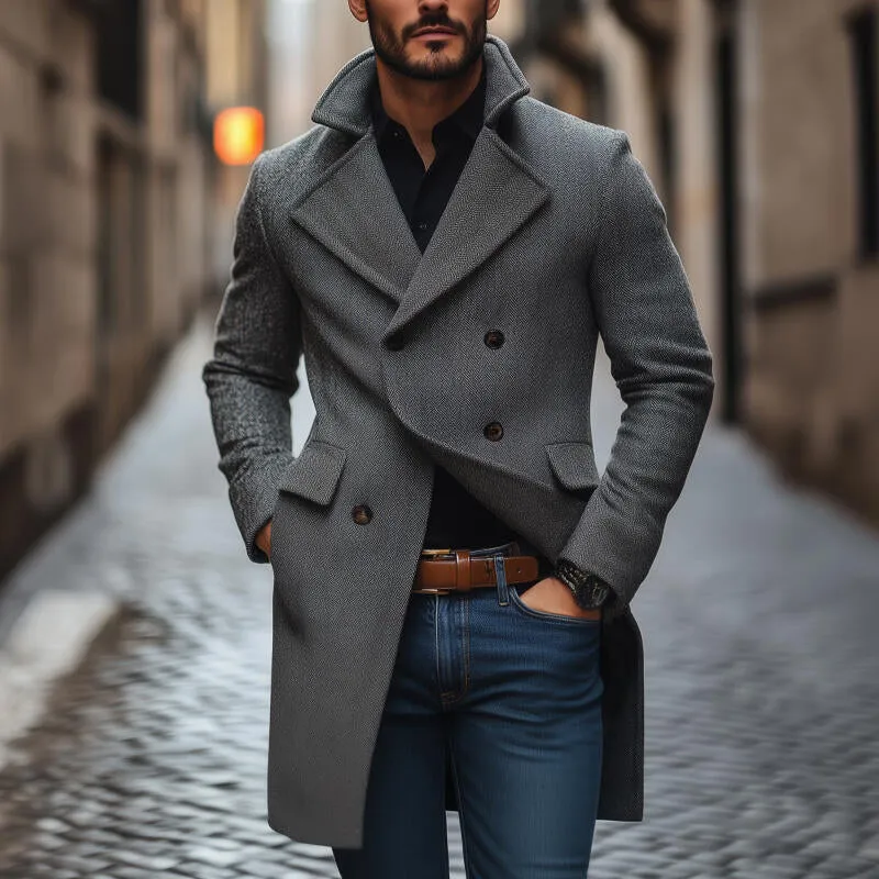 Men's Vintage Wool Blend Herringbone Pattern Notch Lapel Double-breasted Slim Fit Mid-length Coat MTA2563H2M sold by Manly product image thumbnail 2