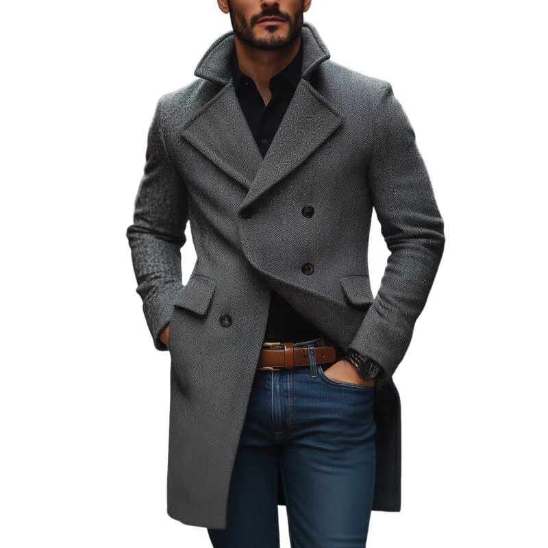 Men's Vintage Wool Blend Herringbone Pattern Notch Lapel Double-breasted Slim Fit Mid-length Coat MTA2563H2M sold by Manly