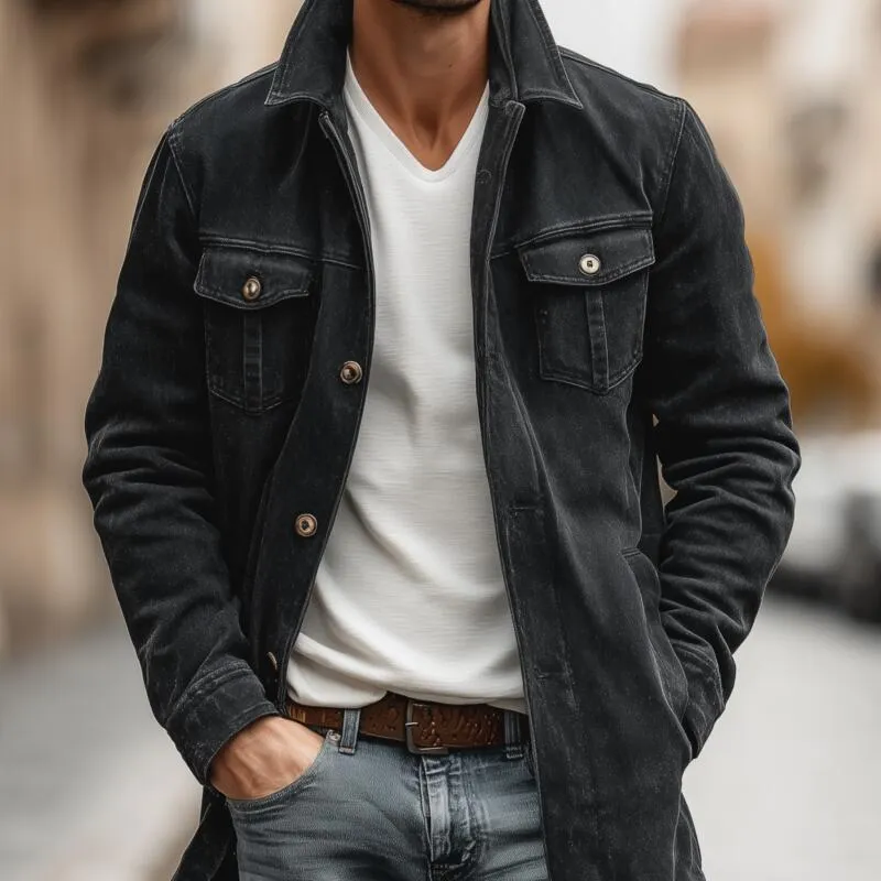 Men's Vintage Outdoor Washed Distressed Denim Lapel Single-breasted Loose Mid-length Jacket MTA2589H2M sold by Manly product image thumbnail 3