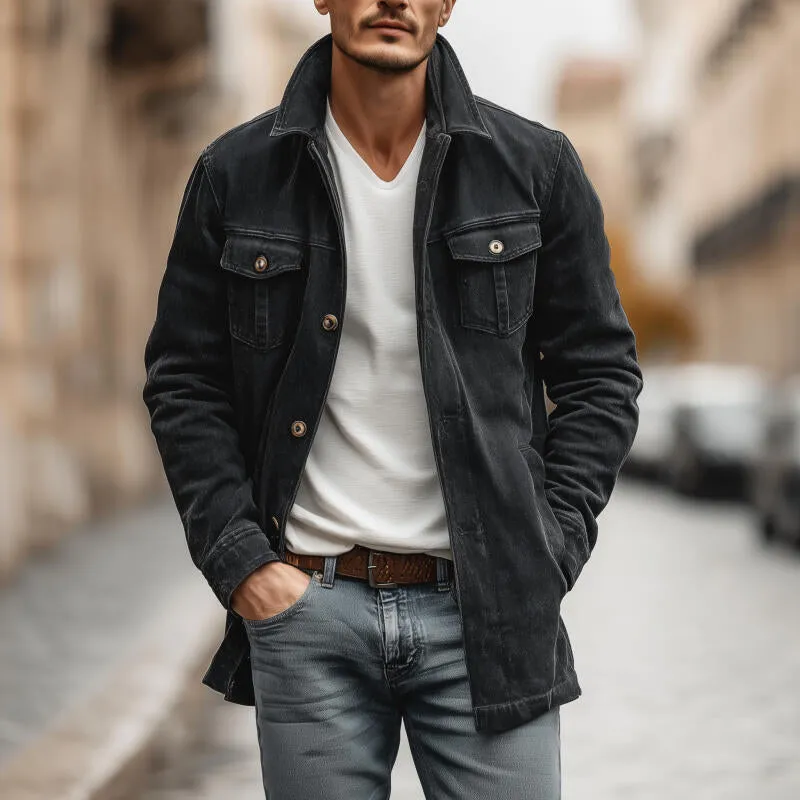 Men's Vintage Outdoor Washed Distressed Denim Lapel Single-breasted Loose Mid-length Jacket MTA2589H2M sold by Manly product image thumbnail 2