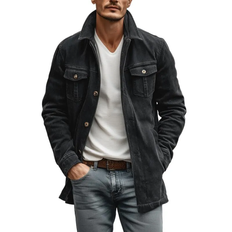 Men's Vintage Outdoor Washed Distressed Denim Lapel Single-breasted Loose Mid-length Jacket MTA2589H2M sold by Manly