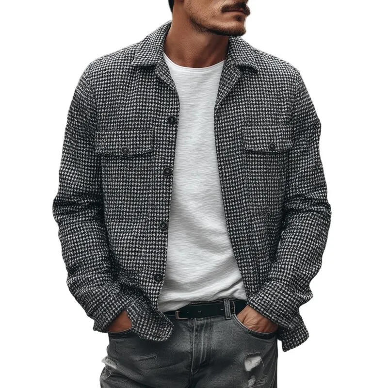 Men's Vintage Houndstooth Lapel Single-Breasted Flap Chest Pocket Loose Long Sleeve Shirt Jacket MTA2529H6M sold by Manly