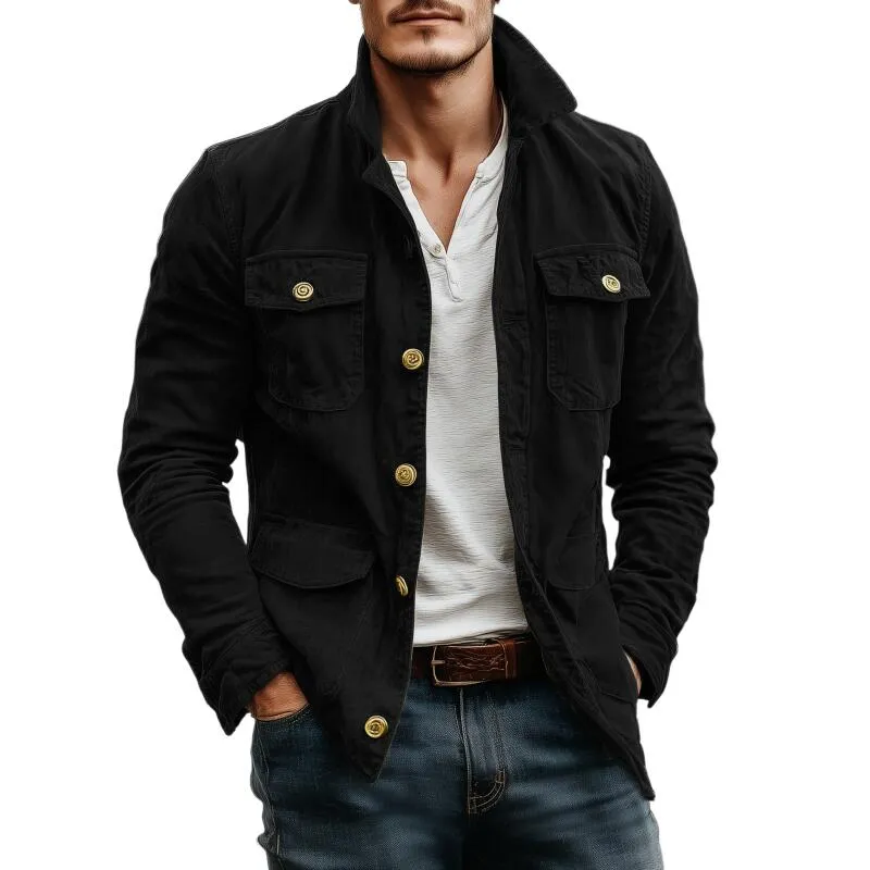 Men's Casual Outdoor Solid Color Cotton Lapel Single-breasted Multi-pocket Cargo Jacket MTA2545H2M sold by Manly