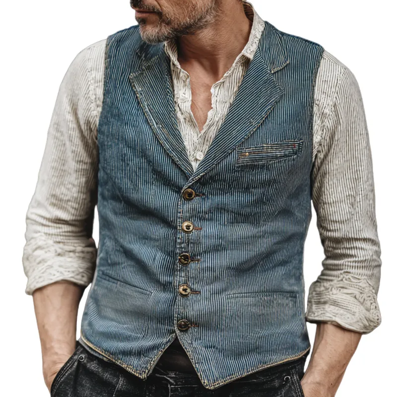 Men's Washed Striped Denim Notch Lapel Single Breasted Vest MTA2879H7Z sold by Manly