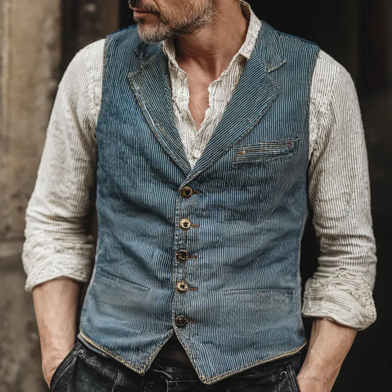 Men's Washed Striped Denim Notch Lapel Single Breasted Vest MTA2879H7Z sold by Manly product image thumbnail 2