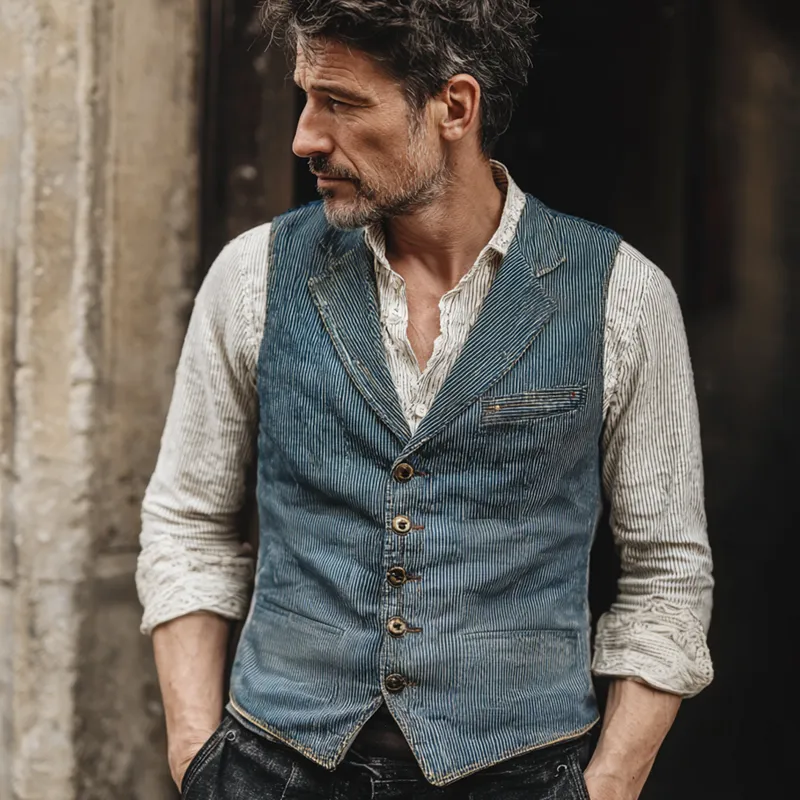 Men's Washed Striped Denim Notch Lapel Single Breasted Vest MTA2879H7Z sold by Manly product image thumbnail 4