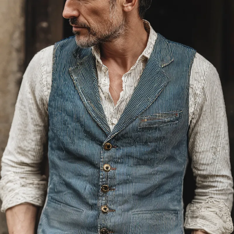 Men's Washed Striped Denim Notch Lapel Single Breasted Vest MTA2879H7Z sold by Manly product image thumbnail 3