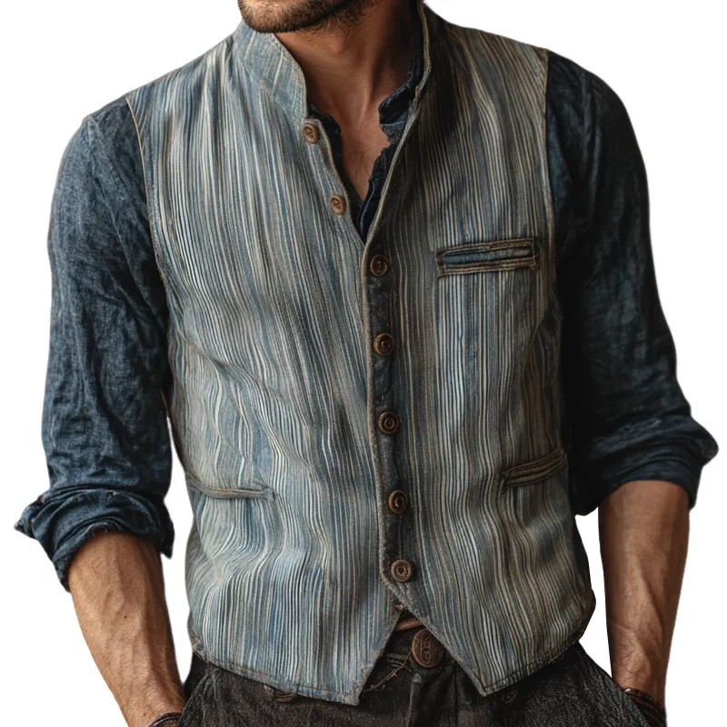 Men's Fashion Striped Denim Stand Collar Single Breasted Vest MTA2819H4Z sold by Manly