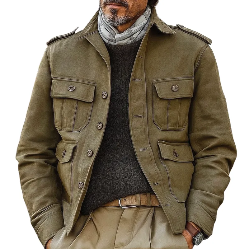 Men's Vintage Distressed Multi-pocket Button-down Work Jacket MTA2926H3U sold by Manly