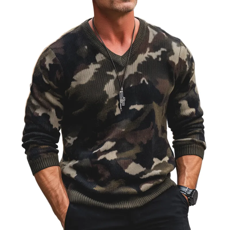 Men's Vintage V-Neck Camouflage Knit Sweater MTA2981H6U sold by Manly