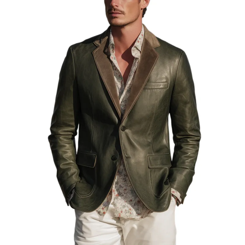 Men's Classic Casual Collar Stitching Suede Single-breasted PU Leather Blazer MTA2949H8K sold by Manly