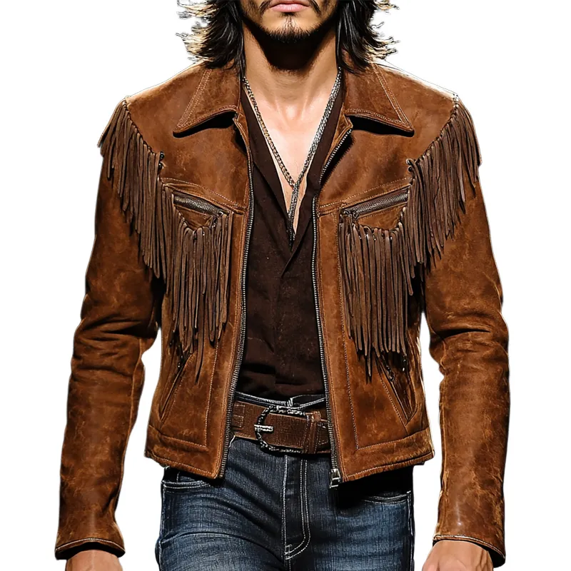 Men's Vintage Solid Color Tassel Western Denim Jacket MTA2883H5X sold by Manly