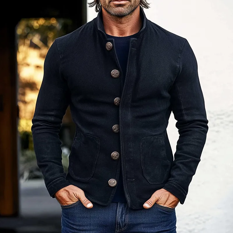 Men's Vintage Solid Color Washed Cotton Stand Collar Single Breasted Jacket MTA2919H2X sold by Manly product image thumbnail 2