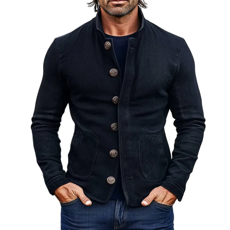 Men's Vintage Solid Color Washed Cotton Stand Collar Single Breasted Jacket MTA2919H2X sold by Manly