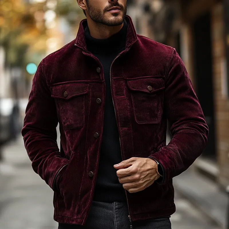 Men's Vintage Solid Color Corduroy Lapel Multi-Pocket Jacket MTA2982H6X sold by Manly product image thumbnail 2