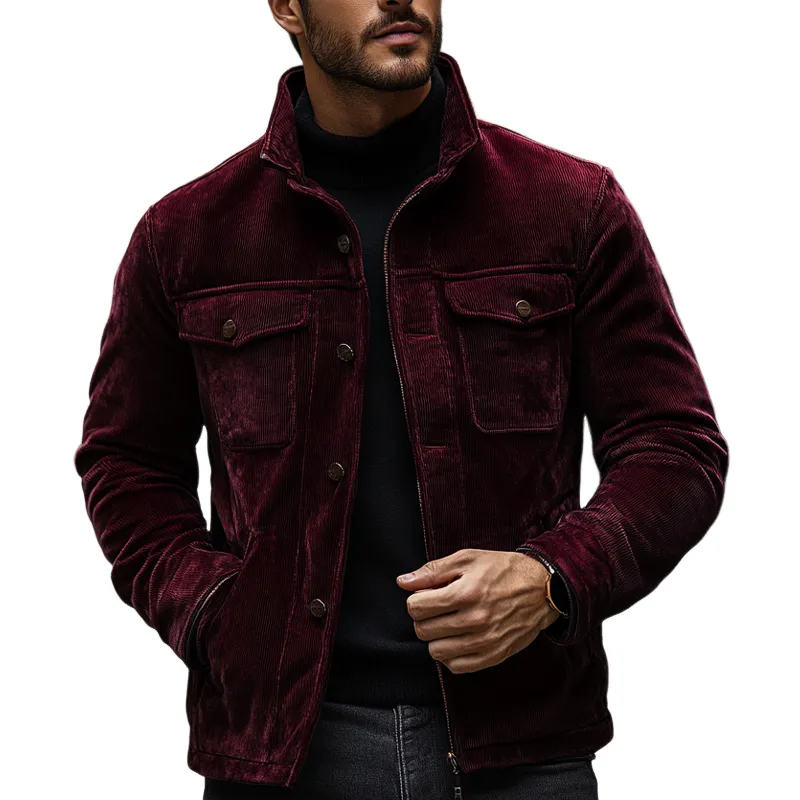 Men's Vintage Solid Color Corduroy Lapel Multi-Pocket Jacket MTA2982H6X sold by Manly