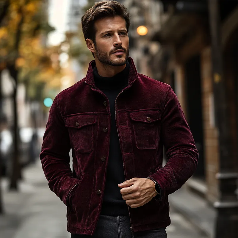 Men's Vintage Solid Color Corduroy Lapel Multi-Pocket Jacket MTA2982H6X sold by Manly product image thumbnail 4