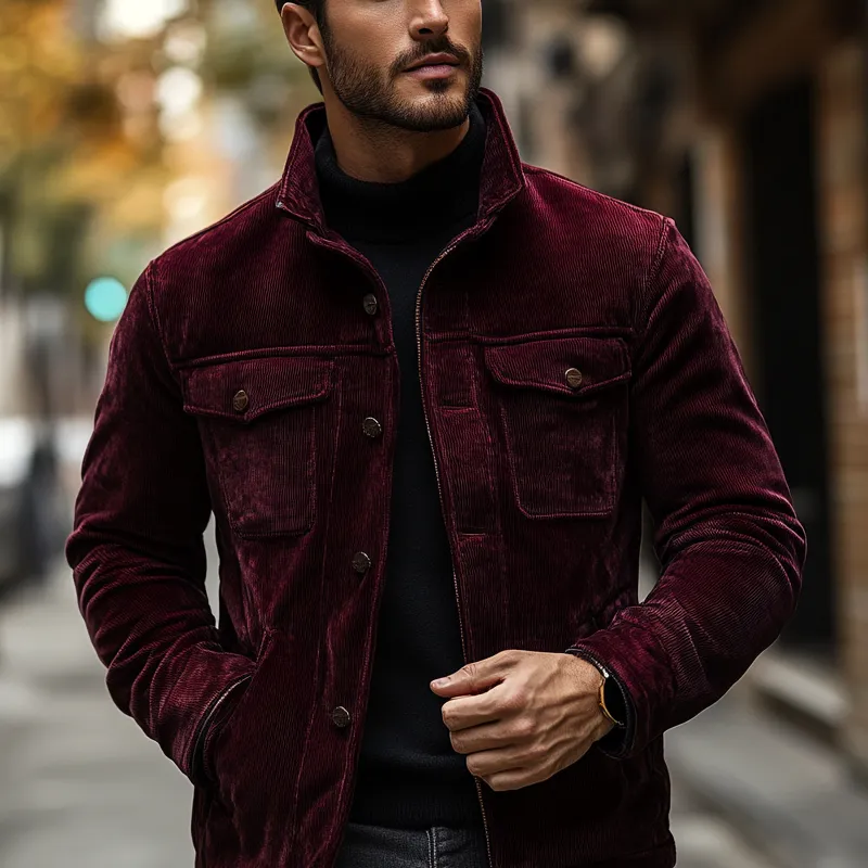 Men's Vintage Solid Color Corduroy Lapel Multi-Pocket Jacket MTA2982H6X sold by Manly product image thumbnail 3