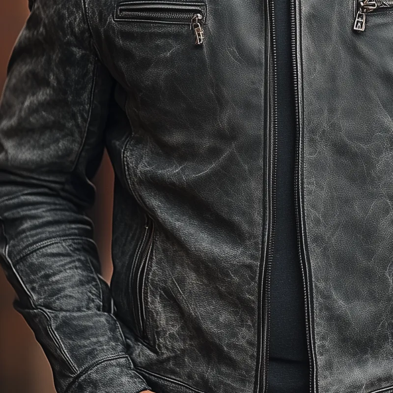 Men's Vintage Distressed PU Zipper Stand Collar Jacket MTA2902H4X sold by Manly product image thumbnail 3