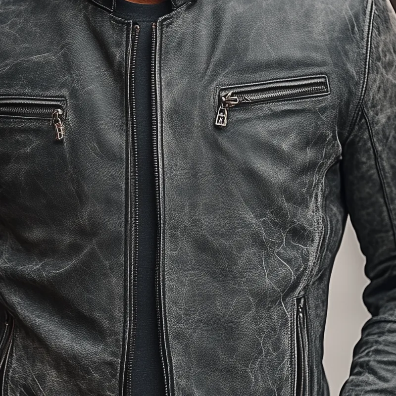 Men's Vintage Distressed PU Zipper Stand Collar Jacket MTA2902H4X sold by Manly product image thumbnail 2