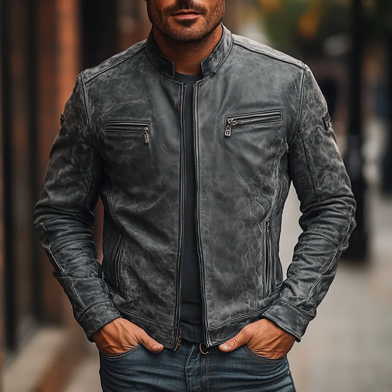 Men's Vintage Distressed PU Zipper Stand Collar Jacket MTA2902H4X sold by Manly product image thumbnail 4