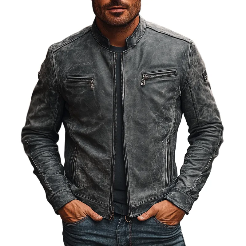 Men's Vintage Distressed PU Zipper Stand Collar Jacket MTA2902H4X sold by Manly