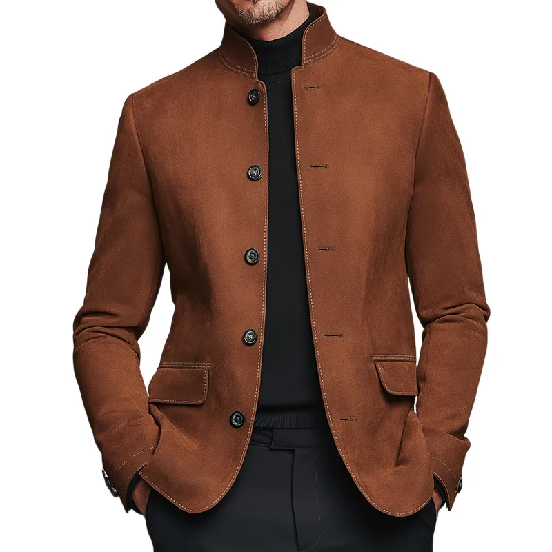Men's Vintage Casual Suede Stand Collar Single Breasted Jacket MTA2810H3TO sold by Manly