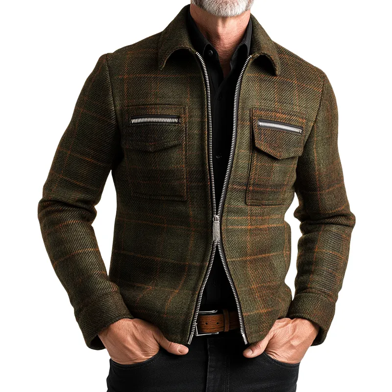Men's Retro Casual Plaid Printed Tweed Zipper Lapel Jacket MTA2801H3TO sold by Manly