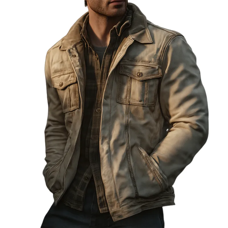 Men's Vintage Casual Western Style Cotton Washed Distressed Lapel Jacket MTA2832H5TO sold by Manly