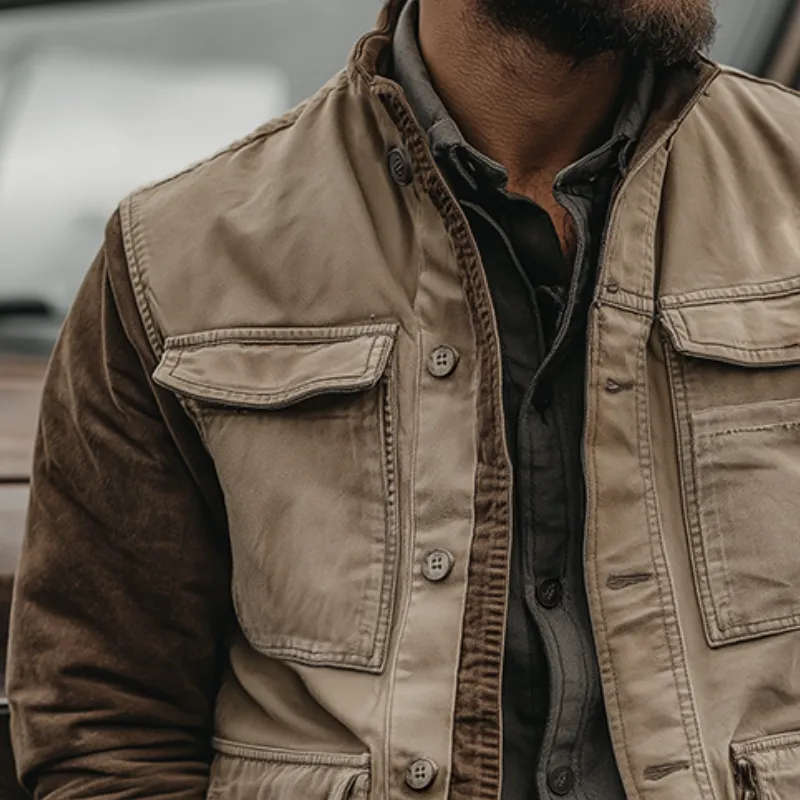 Men's Retro Casual Western Style Colorblock Cotton Washed Distressed Lapel Jacket MTA2814H0TO sold by Manly product image thumbnail 3