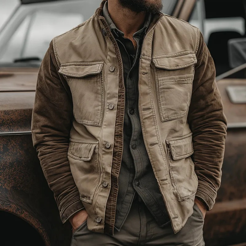 Men's Retro Casual Western Style Colorblock Cotton Washed Distressed Lapel Jacket MTA2814H0TO sold by Manly product image thumbnail 2