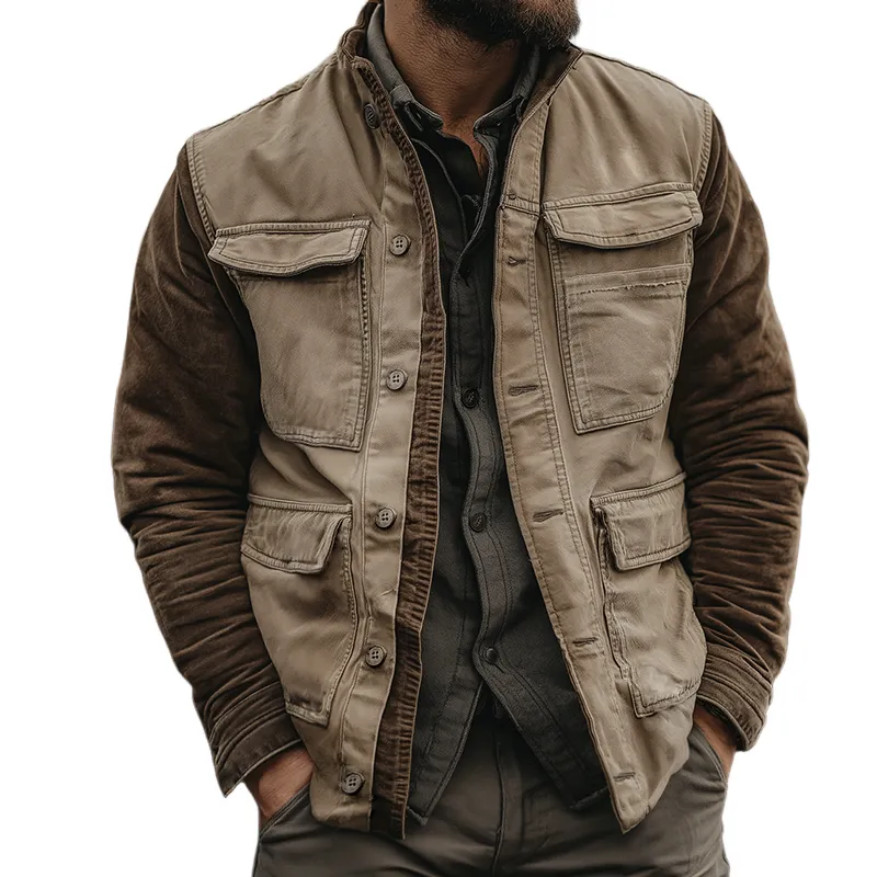 Men's Retro Casual Western Style Colorblock Cotton Washed Distressed Lapel Jacket MTA2814H0TO sold by Manly