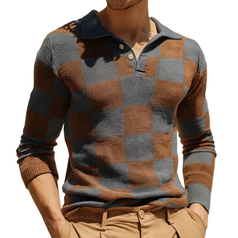 Men's Retro Casual Checkered Colorblock Knitted Long Sleeve Polo Shirt MTA2870H6TO sold by Manly