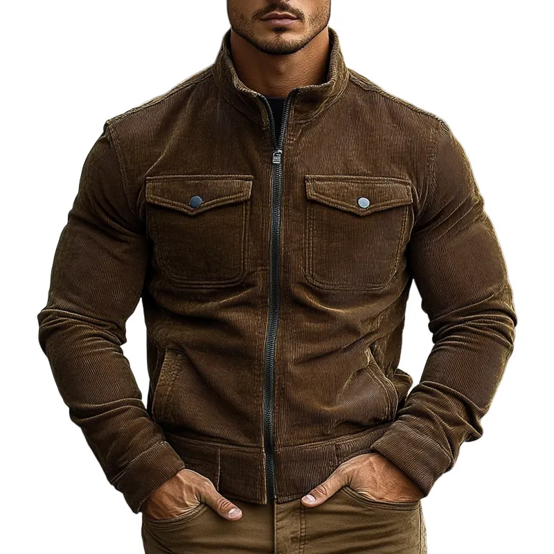 Men's Vintage Solid Color Corduroy Multi-Pocket Stand Collar Zipper Jacket MTA2867H3X sold by Manly